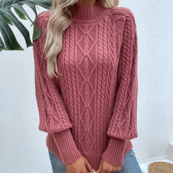 PINK Mock Neck Cable Knit Raglan Sleeve Sweater - Picture 5 of 6